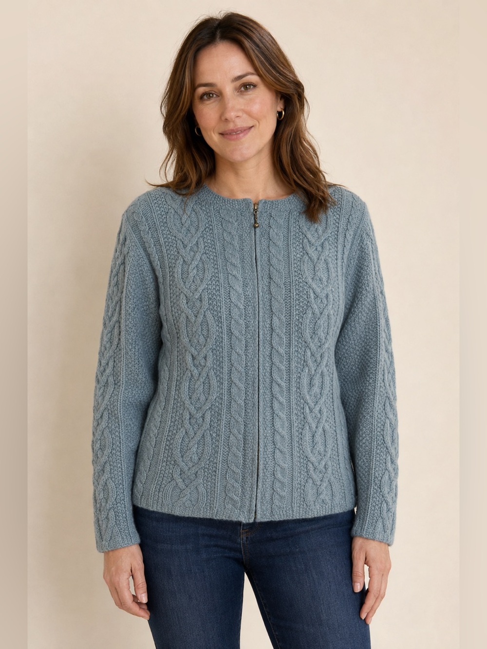 Icelandic Design Women’s S Blue Silk Angora Cable Knit Zip Cardigan